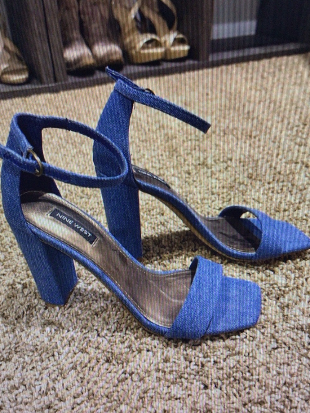 Nine West Denim-Look Blue Ankle Strap Block Heels
